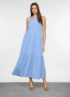 Abito lungo a balze in jersey stretch donna