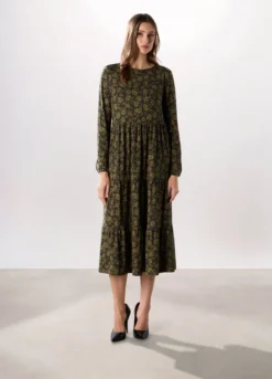Abito lungo a balze in jersey stretch donna