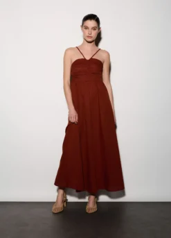 Abito lungo misto lino con scollo dritto donna