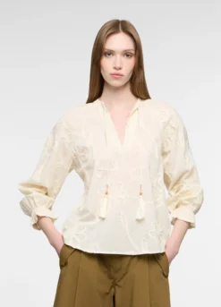 Blusa con scollo a V e ricami in puro cotone donna