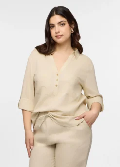 Blusa Fit Regular con scollo a V misto lino donna curvy
