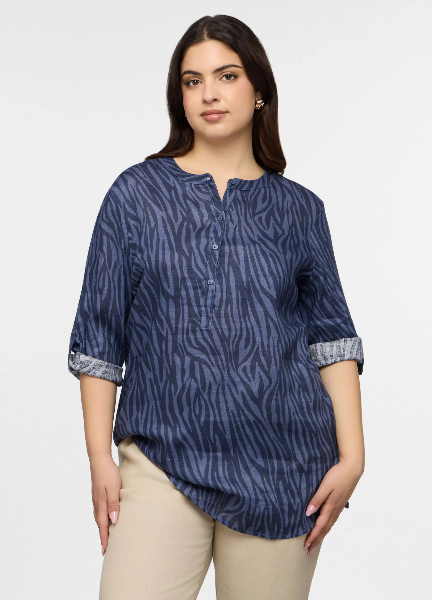 Blusa Fit Regular con scollo rotondo in puro lino donna curvy