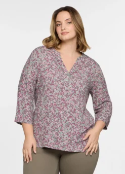 Blusa regular fit con scollo a V in pura viscosa donna curvy