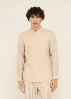 Camicia colletto coreano in puro lino uomo