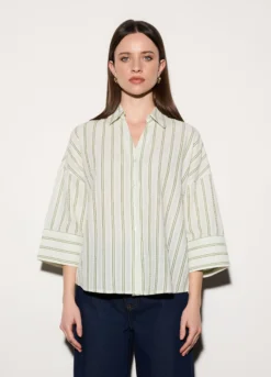 Camicia over fit colletto alla francese in puro cotone dobby a righe donna