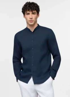 Camicia regular fit con collo coreano in lino uomo