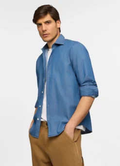 Camicia regular fit in chambray di cotone uomo
