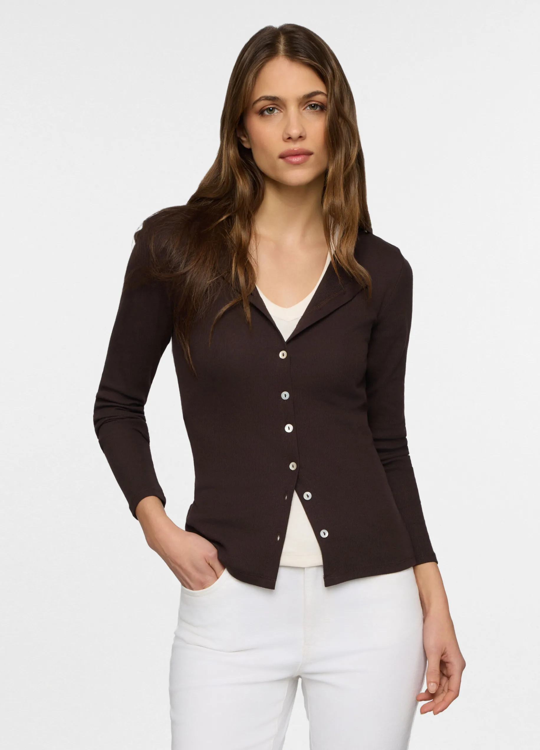 Cardigan girocollo in costina stretch donna
