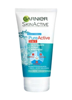 Garnier Detergente Pure Active, Azione 3in1, Detergente + scrub + maschera per pelli grasse o con imperfezioni, 150 ml.