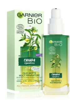 Garnier Olio viso notte Bio, Olio Notte multi riparatore con Olio di Semi di Canapa Biologico e Vitamina E, per pelli stressate, anche sensibili e prime rughe, 30 ml.