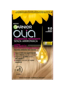 Garnier Tinta Capelli Olia, Colorazione permanente senza ammoniaca per una fragranza delicata, copre il 100% dei capelli bianchi, Con oli di fiori di origine naturale, Biondo Chiarissimo (9.0).