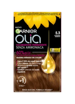 Garnier Tinta Capelli Olia, Colorazione permanente senza ammoniaca per una fragranza delicata, copre il 100% dei capelli bianchi, Con oli di fiori di origine naturale, Castano Dorato (5.3).
