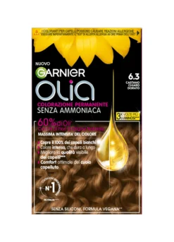 Garnier Tinta Capelli Olia, Colorazione permanente senza ammoniaca per una fragranza delicata, copre il 100% dei capelli bianchi, Con oli di fiori di origine naturale, Castano Chiaro Dorato (6.3).