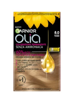 Garnier Tinta Capelli Olia, Colorazione permanente senza ammoniaca, copre il 100% dei capelli bianchi, Con oli di fiori di origine naturale, Biondo Chiaro (8.0).
