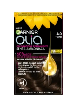 Garnier Tinta Capelli Olia, Colorazione permanente senza ammoniaca per una fragranza delicata, copre il 100% dei capelli bianchi, Con oli di fiori di origine naturale, Castano Scuro (4.0).