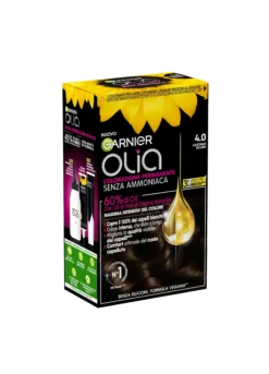 Garnier Tinta Capelli Olia, Colorazione permanente senza ammoniaca per una fragranza delicata, copre il 100% dei capelli bianchi, Con oli di fiori di origine naturale, Castano Scuro (4.0).