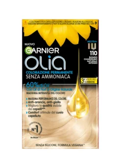 Garnier Tinta Capelli Olia, Colorazione permanente senza ammoniaca per una fragranza delicata, copre il 100% dei capelli bianchi, Con oli di fiori di origine naturale, Biondo Chiarissimo Naturale Intenso (110).
