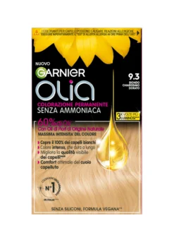 Garnier Tinta Capelli Olia, Colorazione permanente senza ammoniaca per una fragranza delicata, copre il 100% dei capelli bianchi, Con oli di fiori di origine naturale, Biondo Chiarissimo Dorato (9.3).