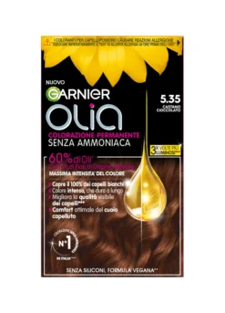 Garnier Tinta Capelli Olia, Colorazione permanente senza ammoniaca, copre il 100% dei capelli bianchi, Con oli di fiori di origine naturale, Castano Cioccolato (5.35).