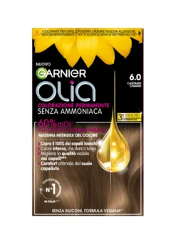 Garnier Tinta Capelli Olia, Colorazione permanente senza ammoniaca, copre il 100% dei capelli bianchi, Con oli di fiori di origine naturale, Castano Chiaro (6.0).