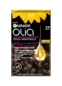 Garnier Tinta Capelli Olia, Colorazione permanente senza ammoniaca per una fragranza delicata, copre il 100% dei capelli bianchi, Con oli di fiori di origine naturale, Castano (5.0).