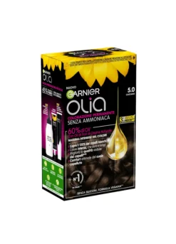 Garnier Tinta Capelli Olia, Colorazione permanente senza ammoniaca per una fragranza delicata, copre il 100% dei capelli bianchi, Con oli di fiori di origine naturale, Castano (5.0).