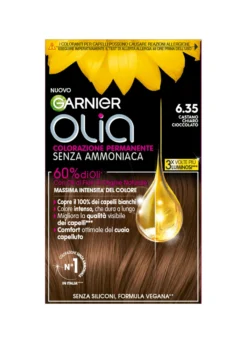 Garnier Tinta Capelli Olia, Colorazione permanente senza ammoniaca per una fragranza delicata, copre il 100% dei capelli bianchi, Con oli di fiori di origine naturale, Castano Chiaro Cioccolato (6.35).