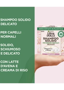 Garnier Ultra Dolce Shampoo Solido Delicatezza D’Avena, Per Cute sensibile e Capelli Delicati, Con packaging 100% ecologico plastic-free, 60 gr.
