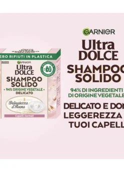 Garnier Ultra Dolce Shampoo Solido Delicatezza D’Avena, Per Cute sensibile e Capelli Delicati, Con packaging 100% ecologico plastic-free, 60 gr.
