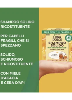 Garnier Ultra Dolce Shampoo Solido Tesori di Miele, Per Capelli Fragili che si Spezzano, Con packaging 100% ecologico plastic-free, 60 gr.