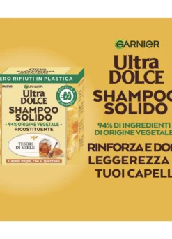 Garnier Ultra Dolce Shampoo Solido Tesori di Miele, Per Capelli Fragili che si Spezzano, Con packaging 100% ecologico plastic-free, 60 gr.