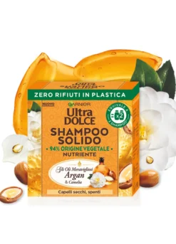 Garnier Ultra Dolce Shampoo Solido con Oli meravigliosi di Argan e Camelia, Per capelli secchi e spenti, Con packaging 100% ecologico plastic-free, 60 gr.