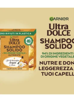 Garnier Ultra Dolce Shampoo Solido con Oli meravigliosi di Argan e Camelia, Per capelli secchi e spenti, Con packaging 100% ecologico plastic-free, 60 gr.