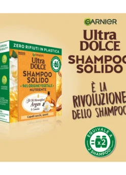 Garnier Ultra Dolce Shampoo Solido con Oli meravigliosi di Argan e Camelia, Per capelli secchi e spenti, Con packaging 100% ecologico plastic-free, 60 gr.