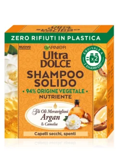 Garnier Ultra Dolce Shampoo Solido con Oli meravigliosi di Argan e Camelia, Per capelli secchi e spenti, Con packaging 100% ecologico plastic-free, 60 gr.