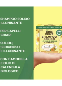Garnier Ultra Dolce Shampoo Solido Camomilla, Per Capelli Chiari, Con packaging 100% ecologico plastic-free, 60 gr.
