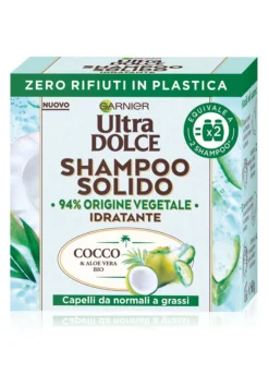 Garnier Ultra Dolce Shampoo Solido Cocco e Aloe vera, Per capelli da normali a grassi, Con packaging 100% ecologico plastic-free, 60 gr.