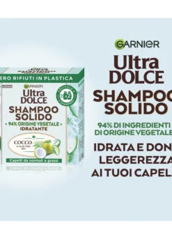 Garnier Ultra Dolce Shampoo Solido Cocco e Aloe vera, Per capelli da normali a grassi, Con packaging 100% ecologico plastic-free, 60 gr.