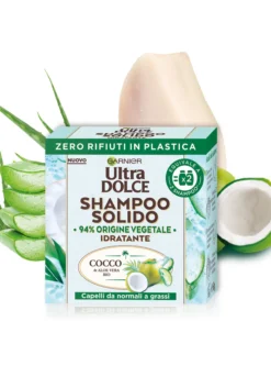 Garnier Ultra Dolce Shampoo Solido Cocco e Aloe vera, Per capelli da normali a grassi, Con packaging 100% ecologico plastic-free, 60 gr.