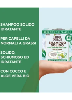 Garnier Ultra Dolce Shampoo Solido Cocco e Aloe vera, Per capelli da normali a grassi, Con packaging 100% ecologico plastic-free, 60 gr.
