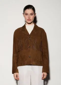 Giacca in vera pelle scamosciata con frange donna