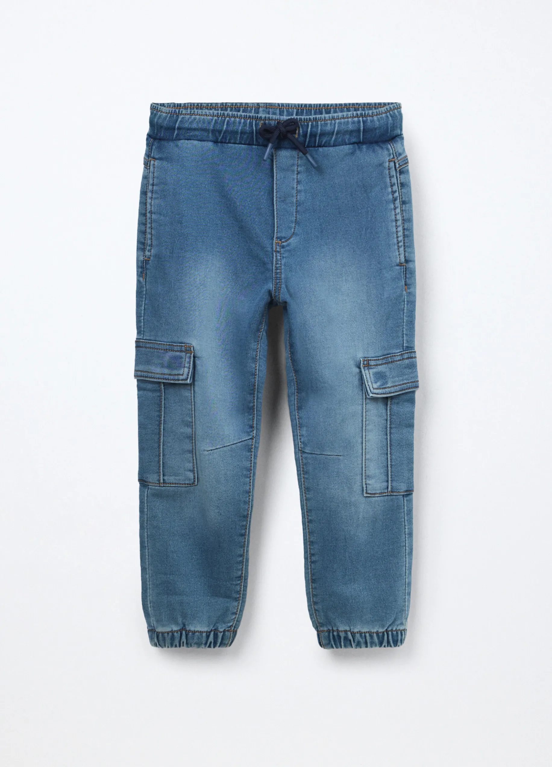 Jeans cargo pullo on in denim mercerizzato bambino