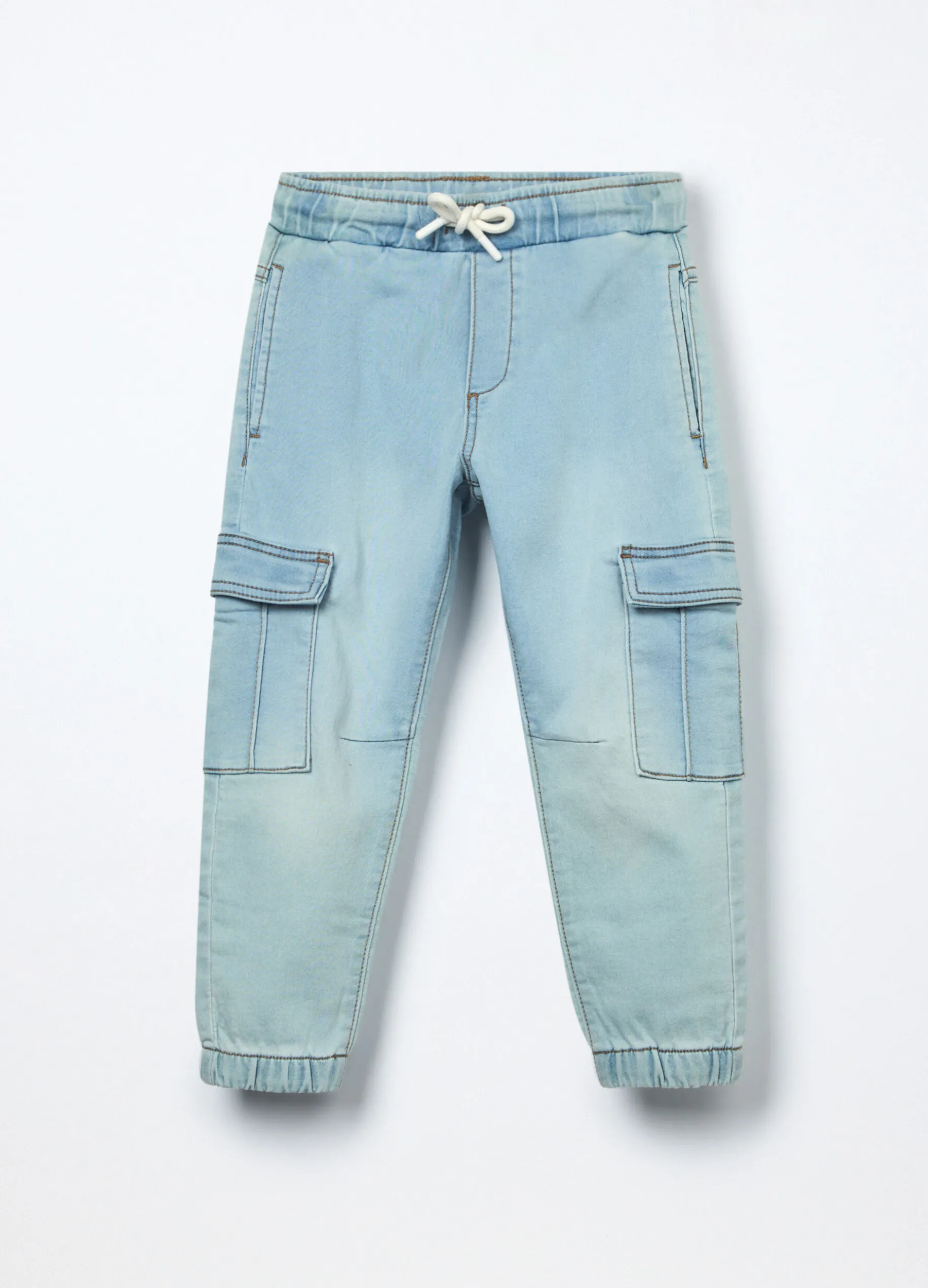 Jeans cargo pullo on in denim mercerizzato bambino