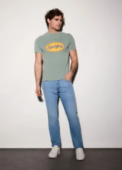 Jeans regular fit in denim di cotone e lino uomo
