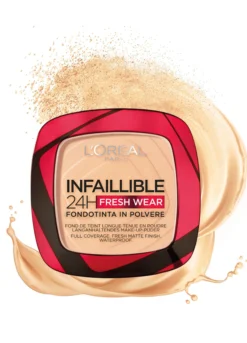L'Oréal Paris Fondotinta compatto Infaillible 24H Fresh Wear, Formula in Polvere a Lunga Tenuta, Mask-Friendly, Low-Transfer e Waterproof, Copre come un fondotinta e opacizza come una polvere, 40 Cachemire/Cashmere.
