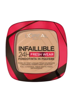 L'Oréal Paris Fondotinta compatto Infaillible 24H Fresh Wear, Formula in Polvere a Lunga Tenuta, Mask-Friendly, Low-Transfer e Waterproof, Copre come un fondotinta e opacizza come una polvere, 140 Beige Doré/Golden Beige.