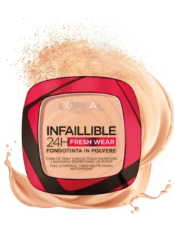 L'Oréal Paris Fondotinta compatto Infaillible 24H Fresh Wear, Formula in Polvere a Lunga Tenuta, Mask-Friendly, Low-Transfer e Waterproof, Copre come un fondotinta e opacizza come una polvere, 245 Miel Dore/Golden Honey.