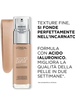 L'Oréal Paris MakeUp FondotintaAccord Parfait, Effetto Naturale, Arricchito con Acido Ialuronico, 2.N Vanille/Vanilla, 30 ml.