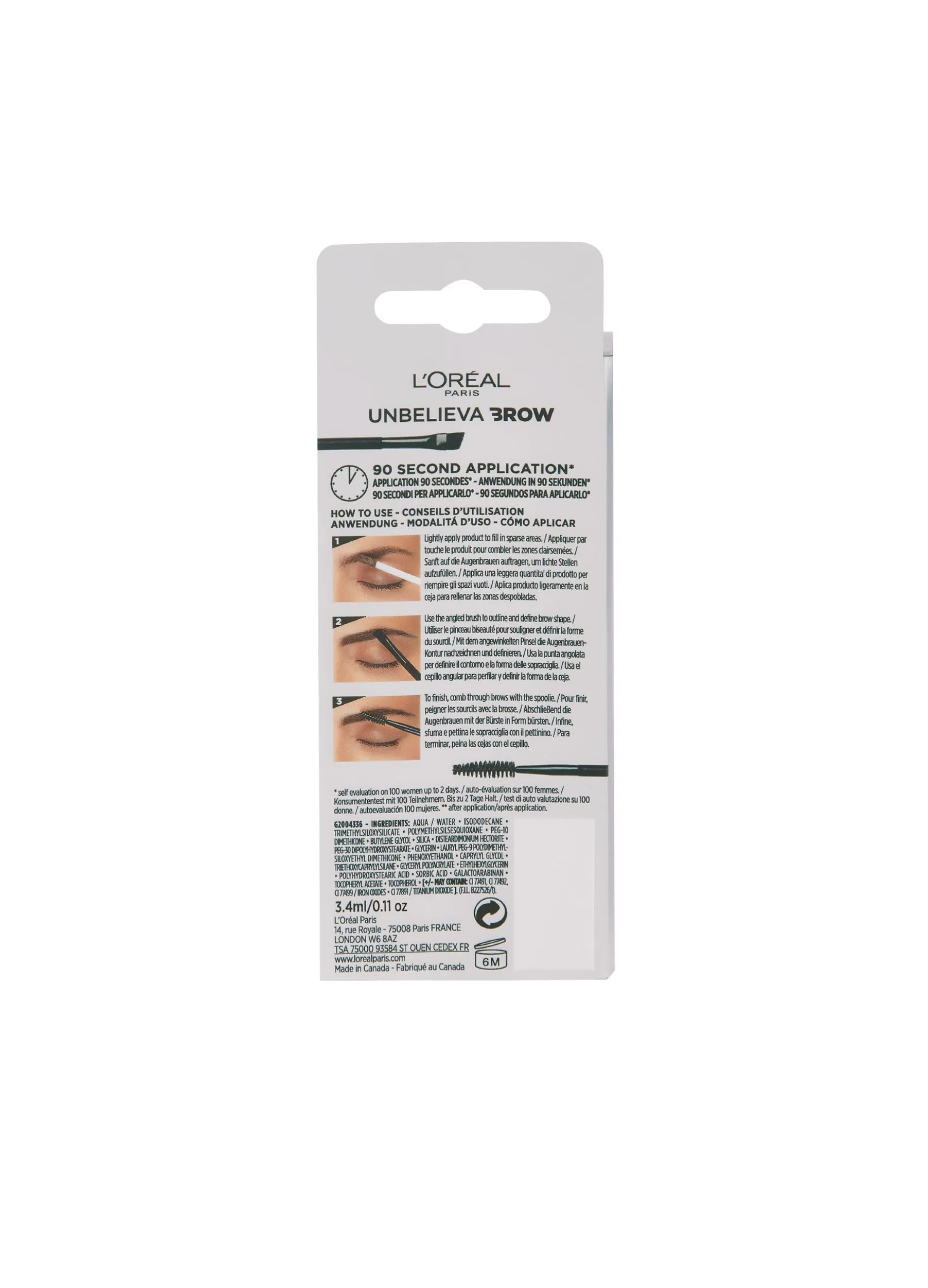 L'Oréal Paris Unbelievabrow, Gel per Sopracciglia a Lunga Tenuta Waterproof, Colore: Brunette (105), 3,4 ml.