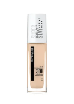 Maybelline New York Fondotinta Liquido SuperStay 30H Active Wear, Alta coprenza e lunghissima tenuta senza effetto maschera, True Ivory (03), 30 ml.